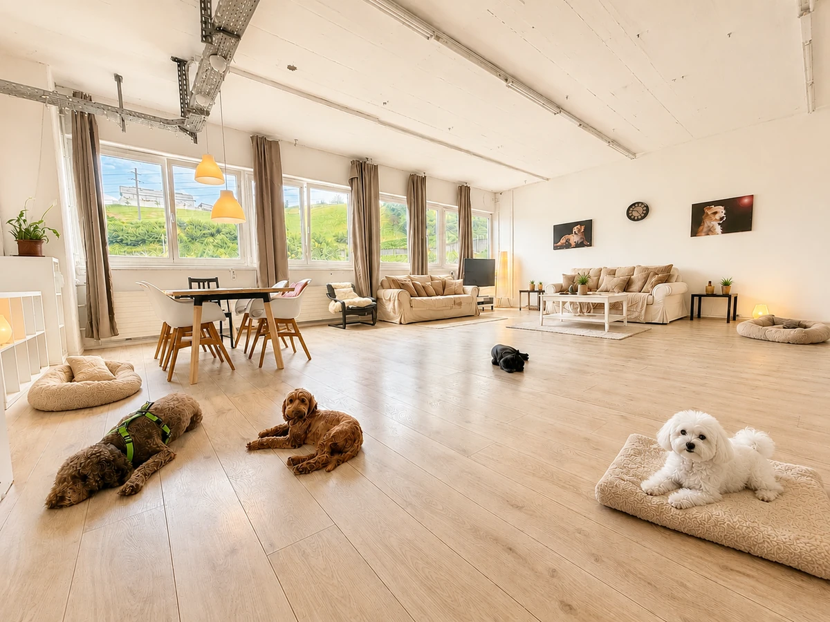 Hunde im grosszügigen Aufenthaltsbereich des Doggy Deluxe Loft in Küssnacht