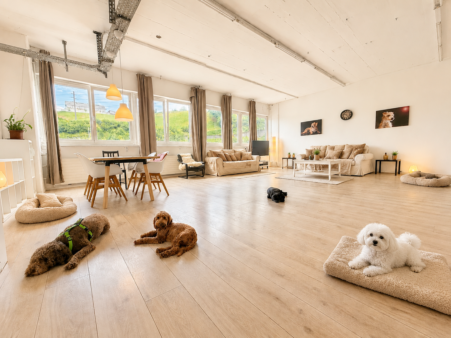 Grosszügiger heller Innenbereich des Doggy Deluxe Lofts mit Ruheplätzen für Hunde