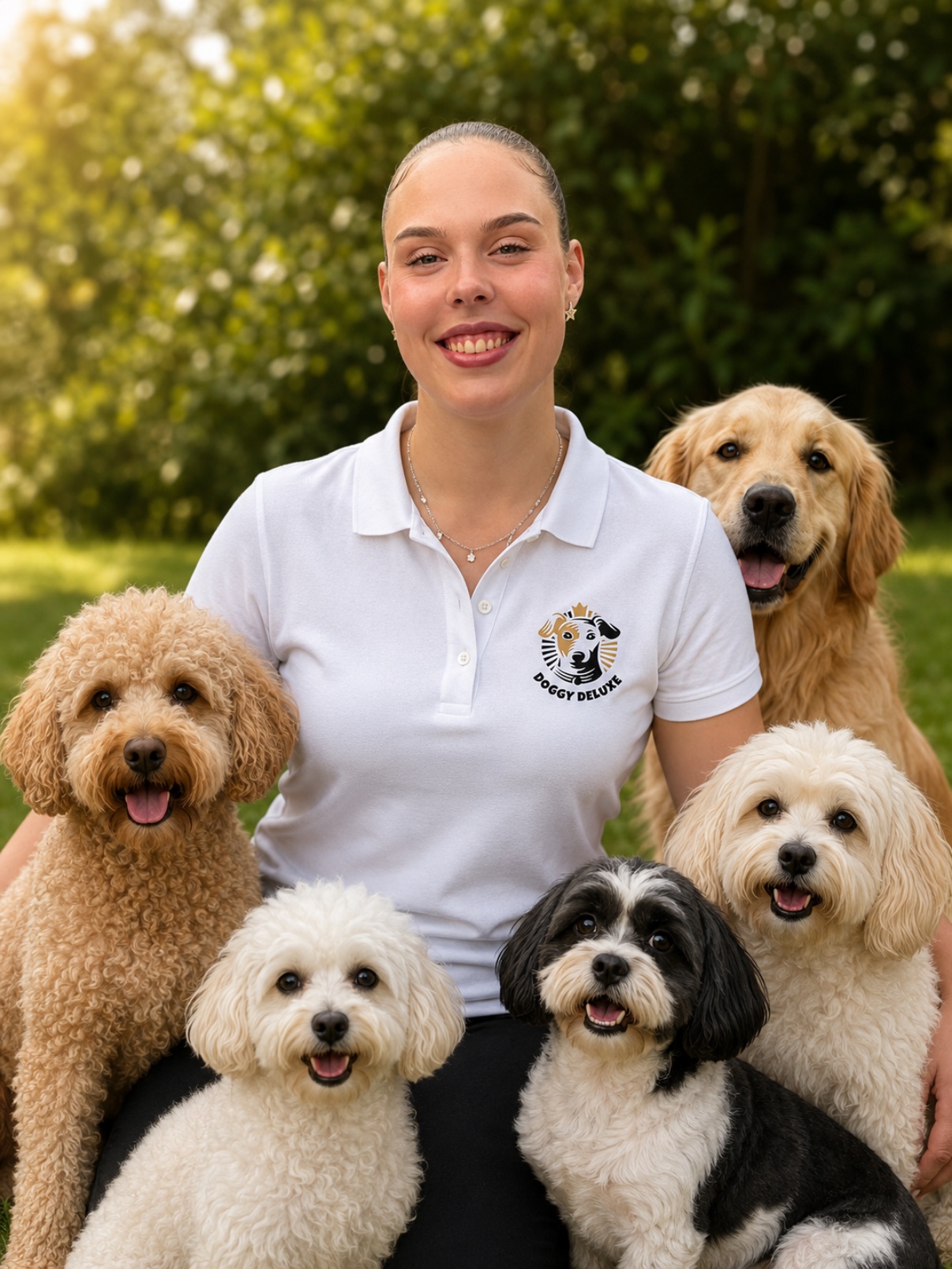 Mitarbeiterin im weissen Doggy-Deluxe-Poloshirt gemeinsam mit fünf Hunden auf einer Wiese