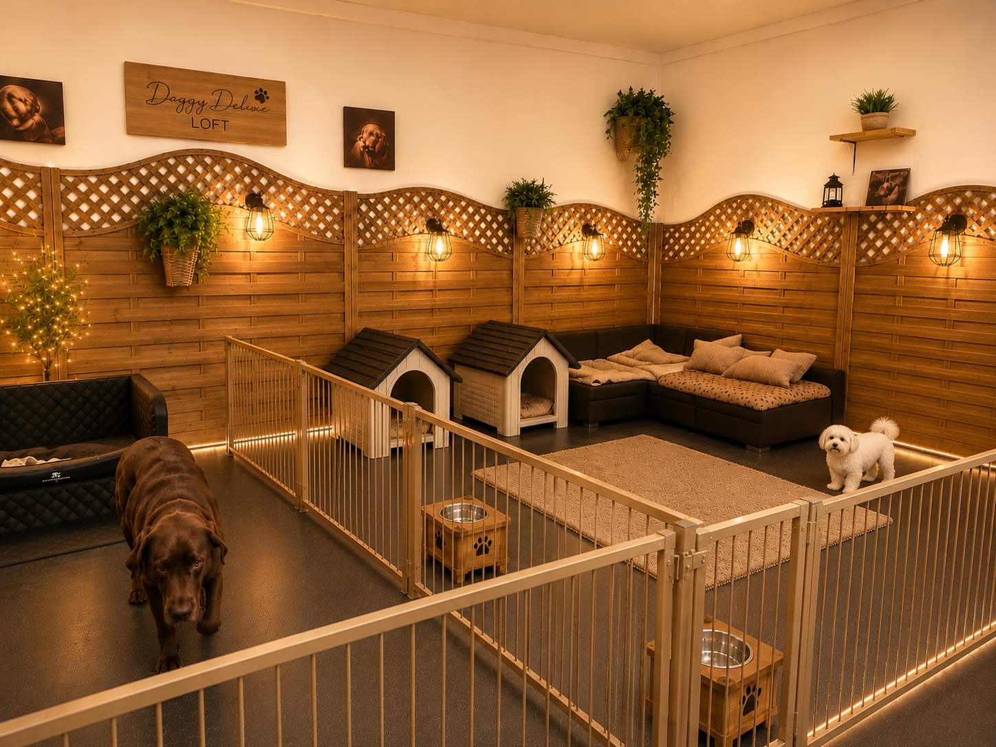 Innenbereich vom Doggy Deluxe Loft mit Liegeplätzen und Hundezonen