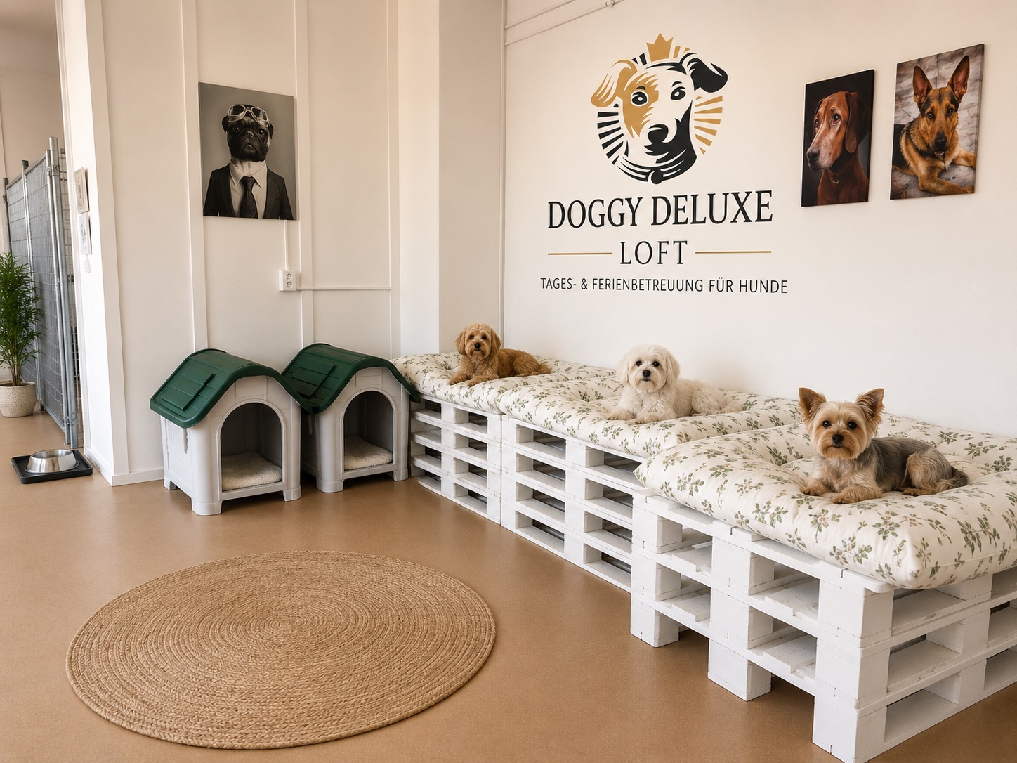 Ruhebereich im Doggy Deluxe Loft mit Hunden