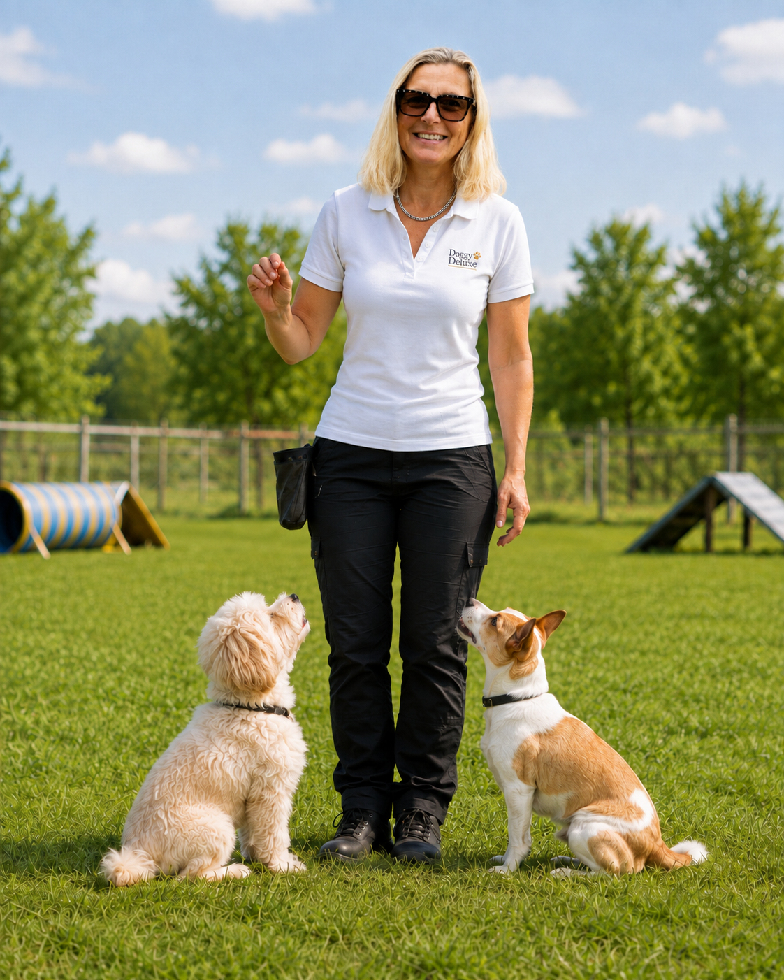 Susanne Olm in the white doggy deluxe polo with small dogs