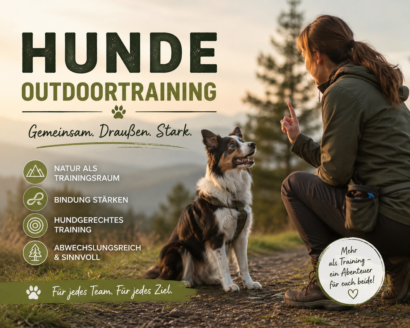 Abwechslungsreiches Hundetraining draussen mit Mensch-Hund-Team