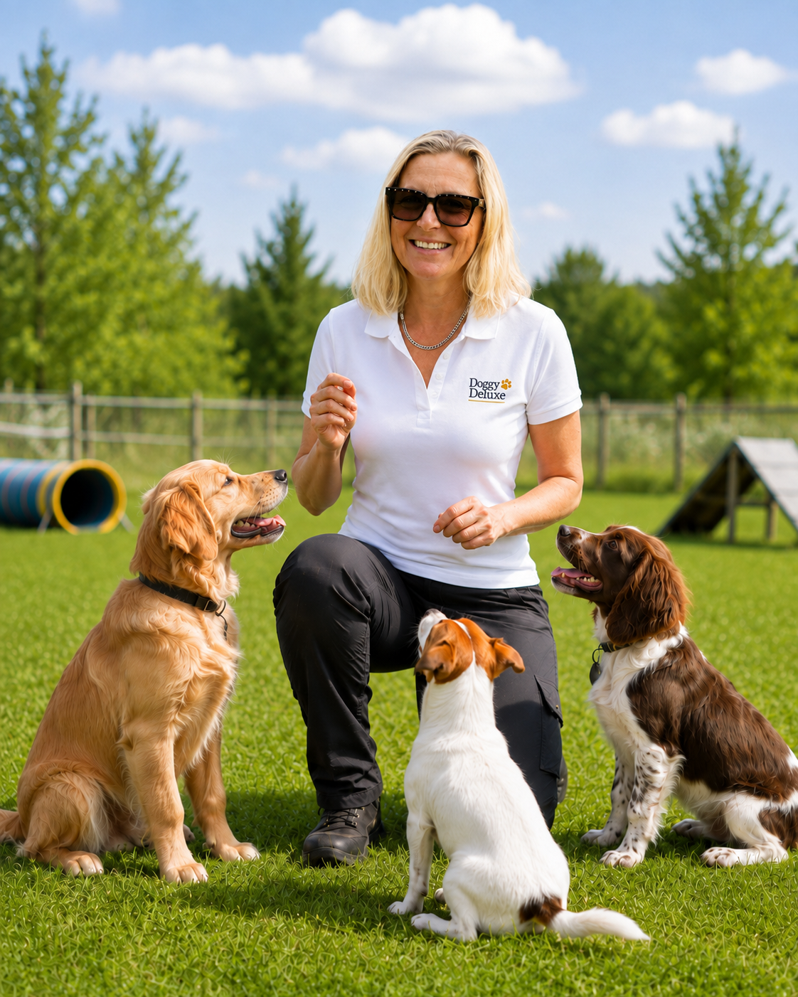 Susanne Olm in the white Doggy Deluxe polo with dogs during training in Küssnacht am Rigi