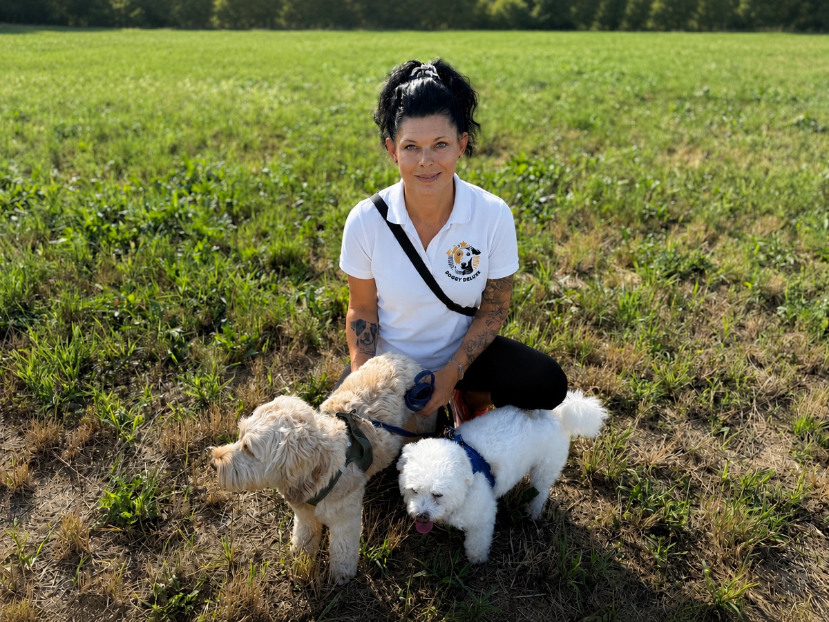 Jasmin Pries vom Doggy Deluxe Team mit zwei Hunden auf einer Wiese
